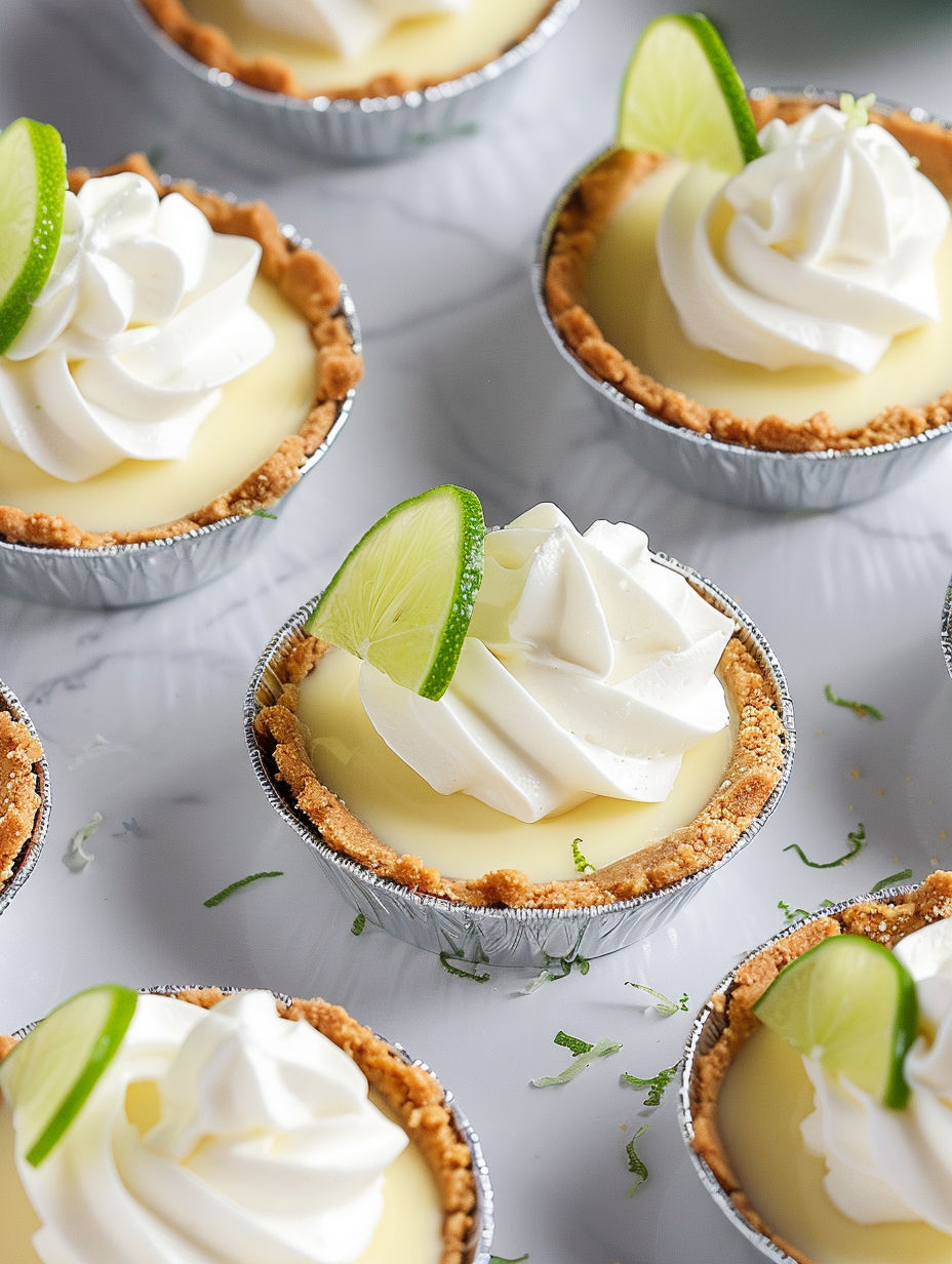 A close up of a mini key lime pie with whipped cream.