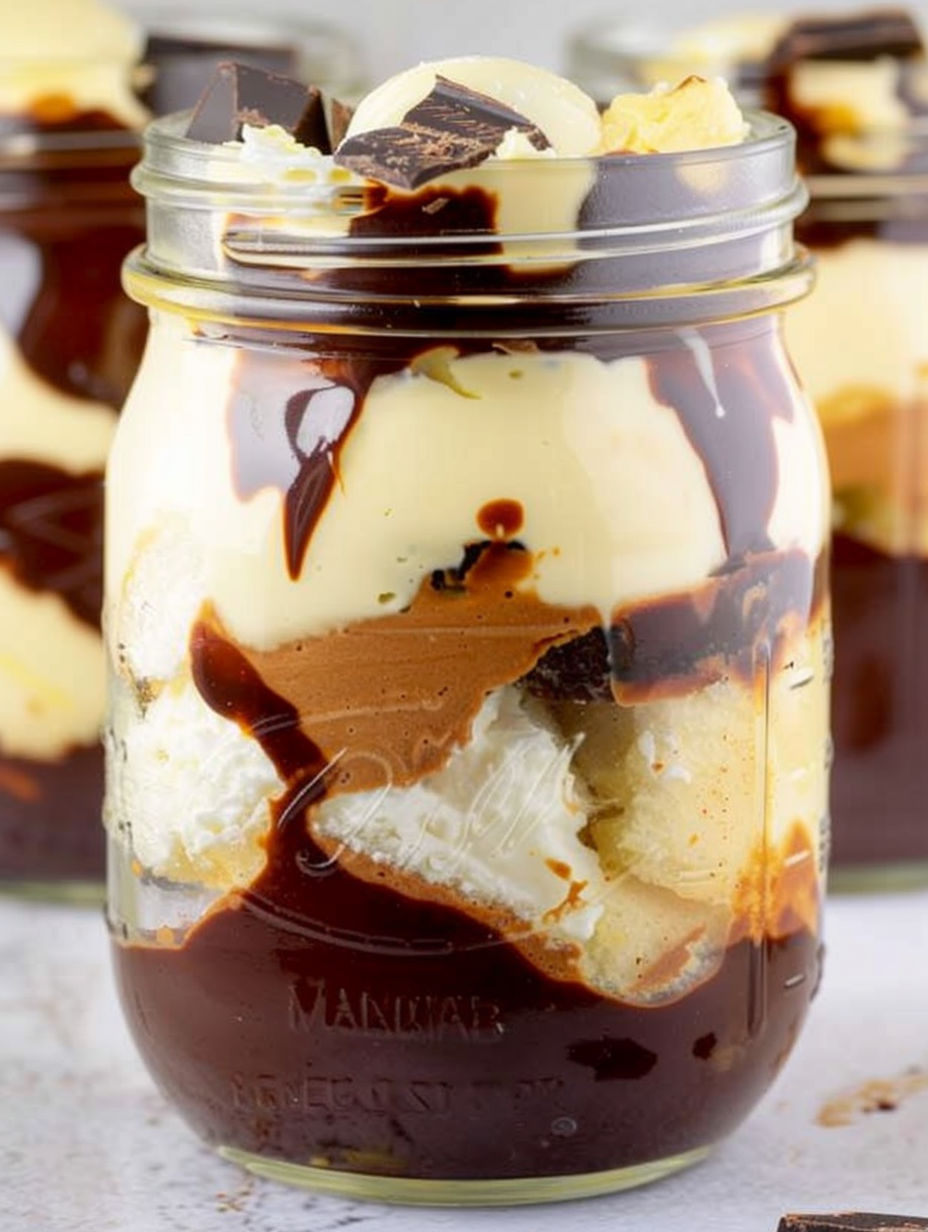 A mason jar filled with a dessert.