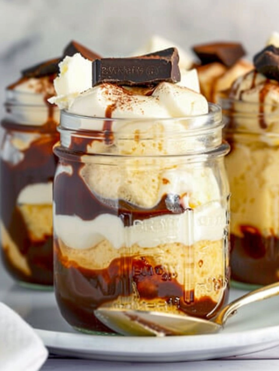 A mason jar filled with a Boston cream pie dessert.