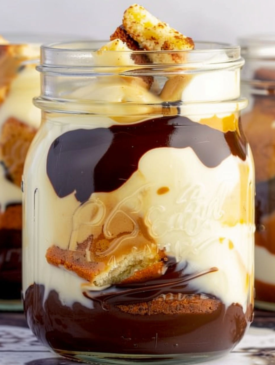 A mason jar filled with a Boston cream pie dessert.