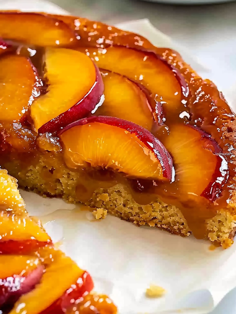 A slice of bourbon peach upside down cake.