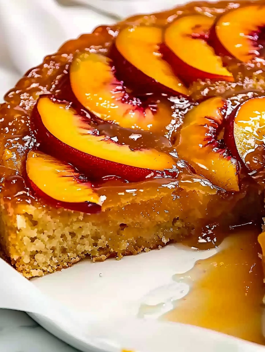 A slice of bourbon peach upside down cake.