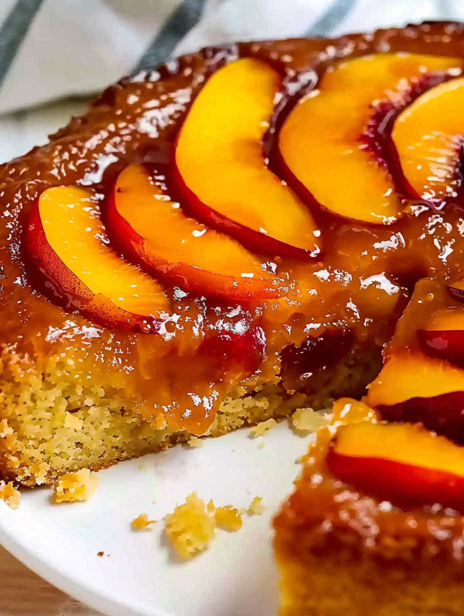 A slice of a bourbon peach upside down cake.