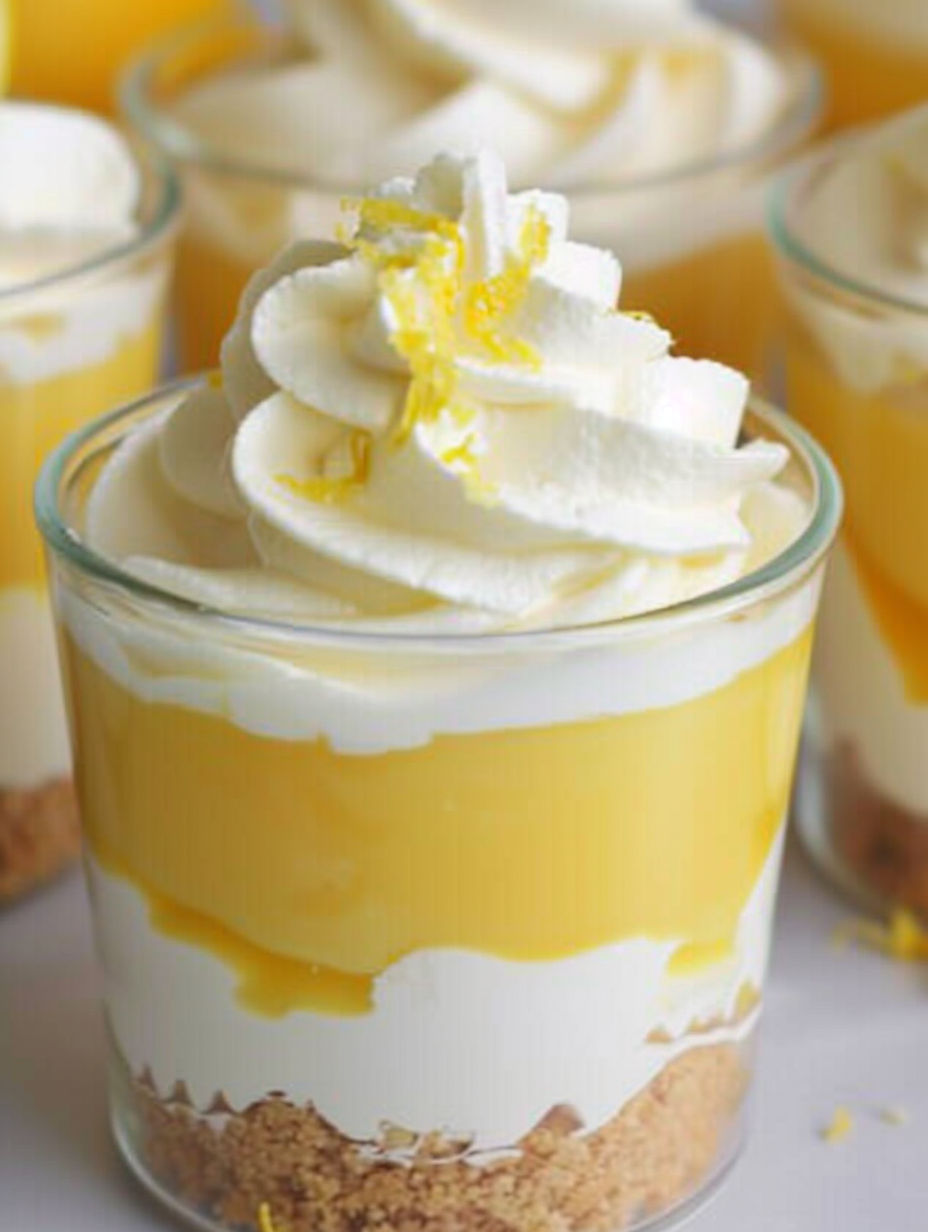 A glass of lemon parfait with whipped cream.