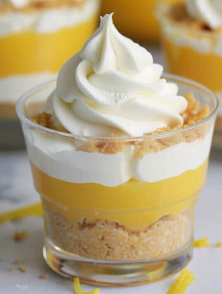 A glass of lemon parfait with whipped cream.