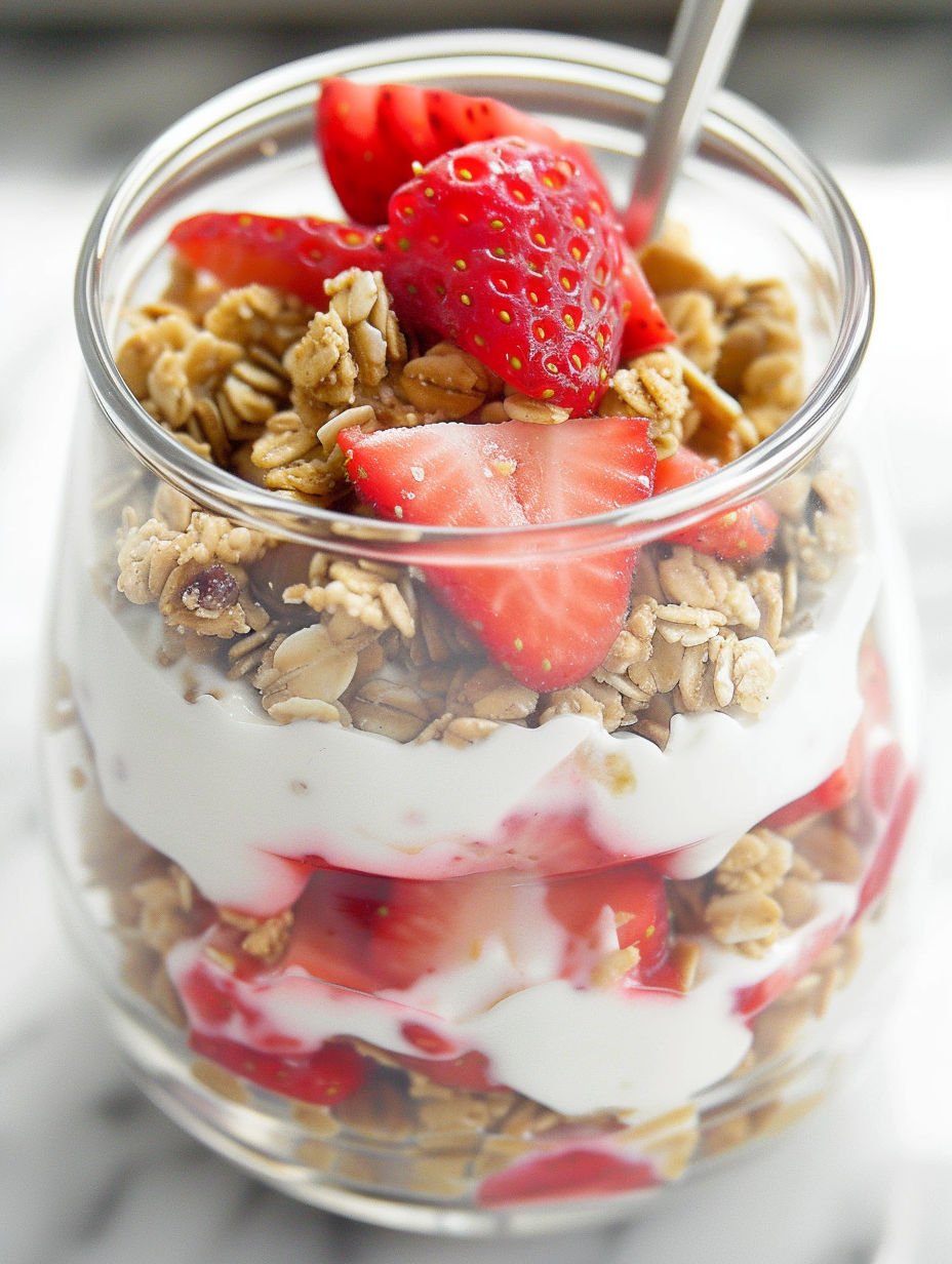 A glass of strawberry cheesecake breakfast parfait.