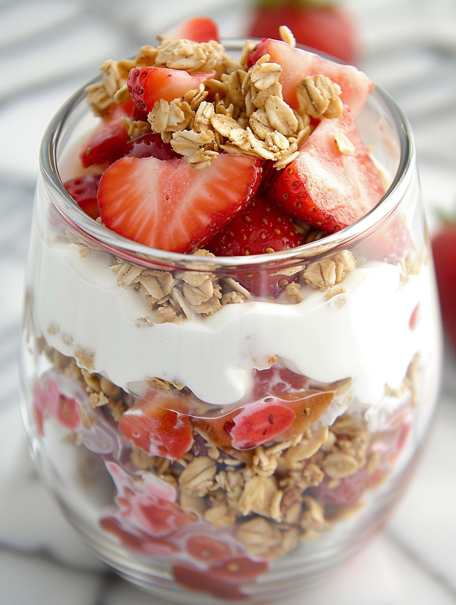 A glass of strawberry cheesecake breakfast parfait.