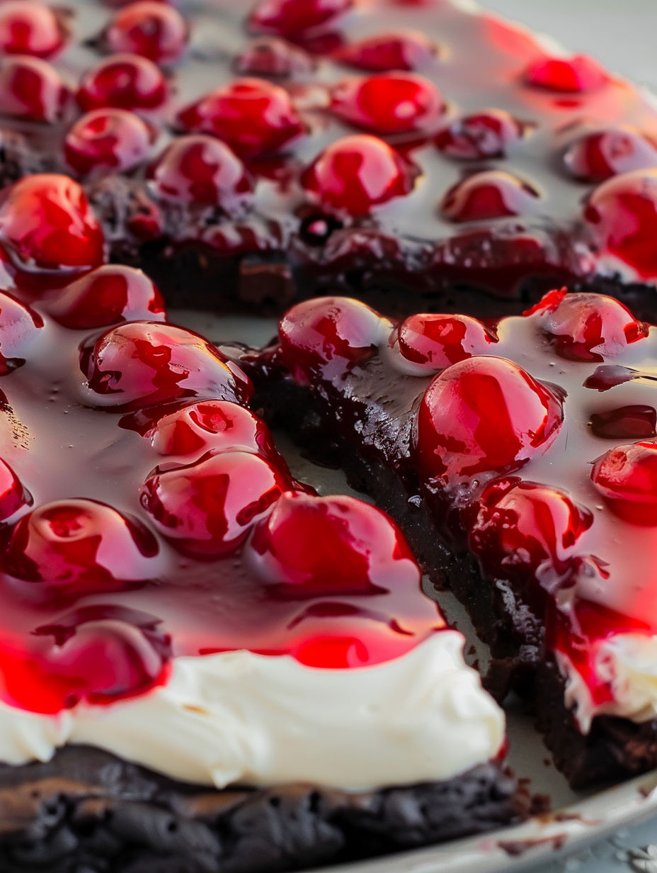 A slice of chocolate cherry brownie dessert pizza.