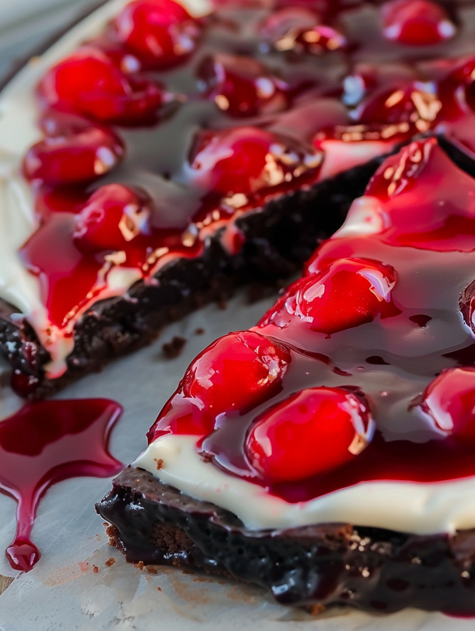 A slice of chocolate cherry brownie dessert pizza.