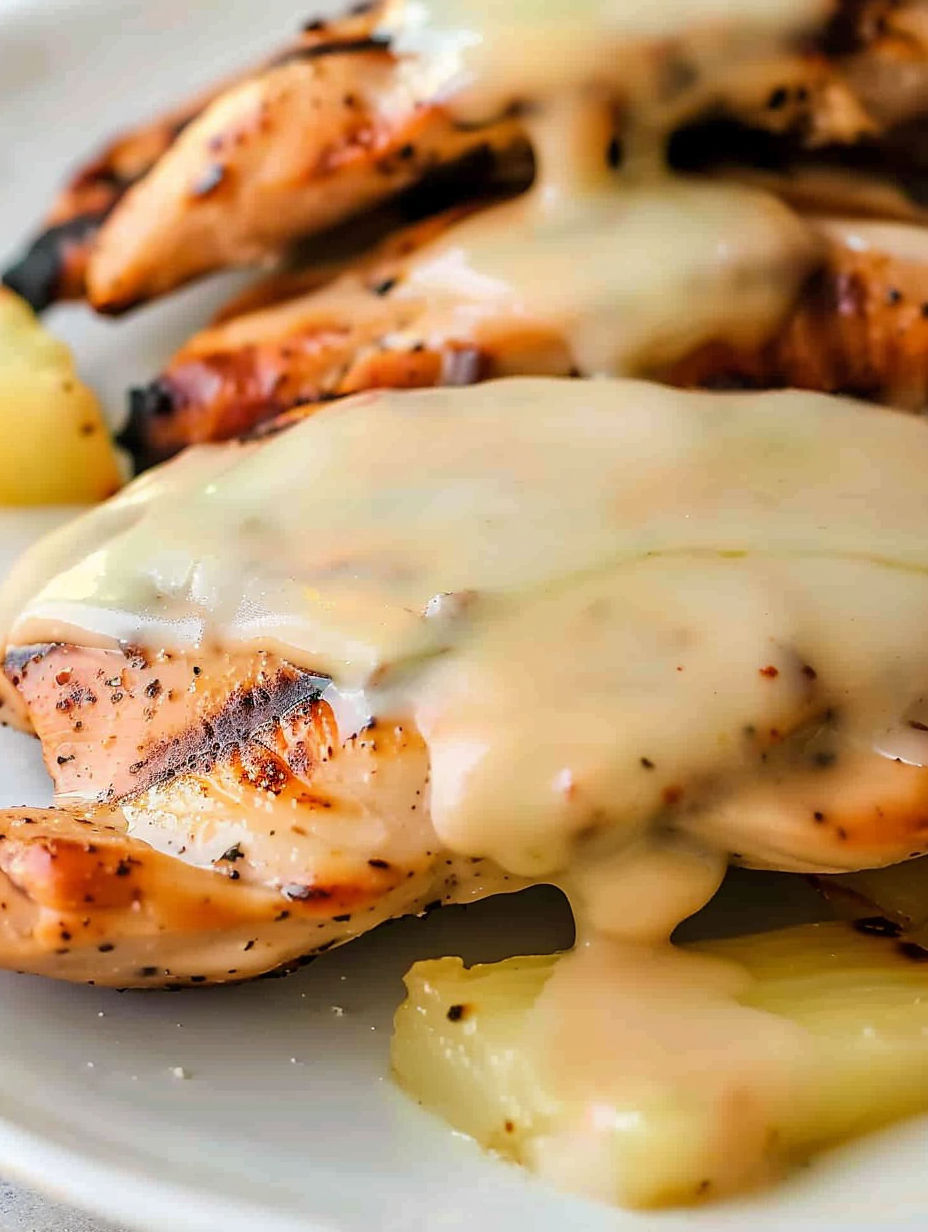 A piece of chicken with cheese on it.