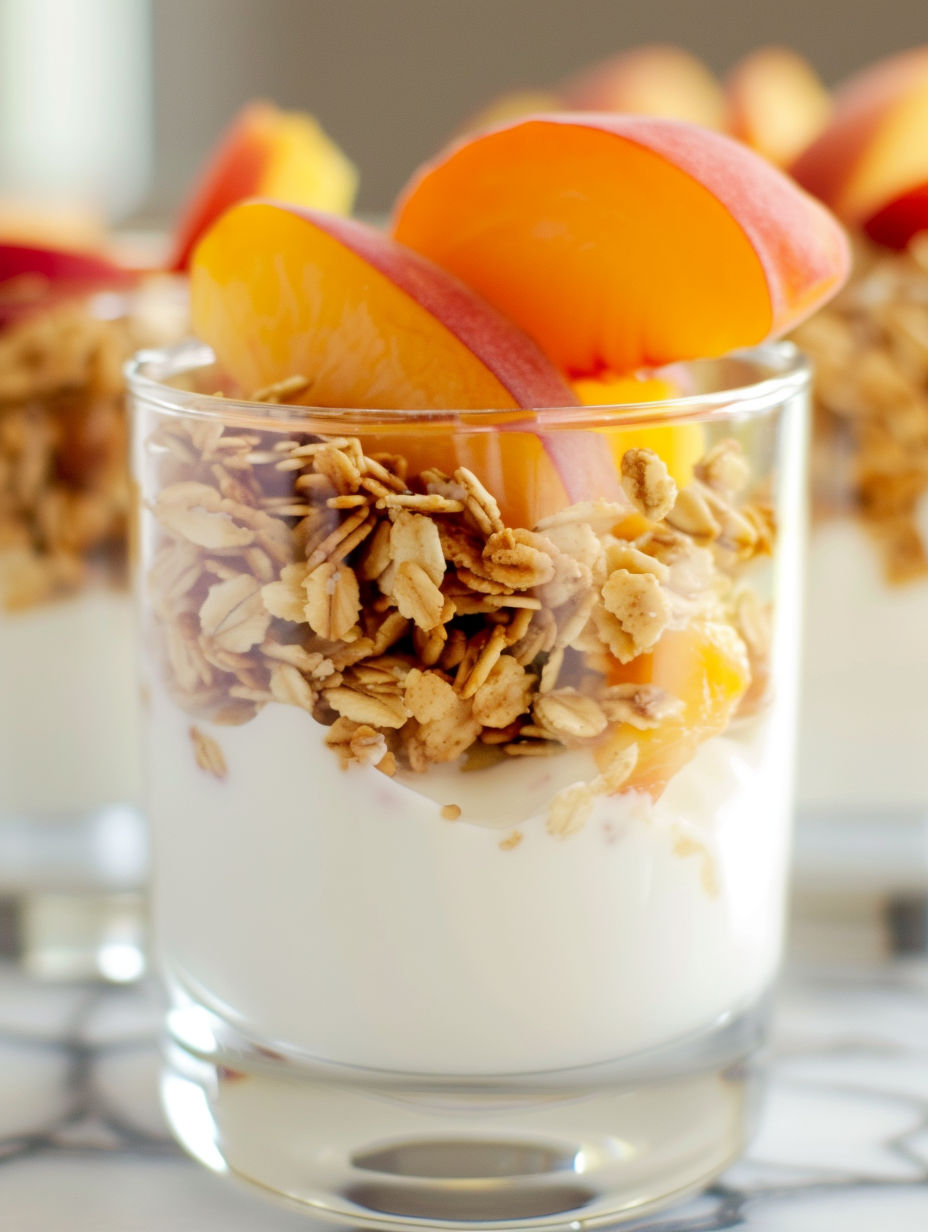 A glass of granola and yogurt.