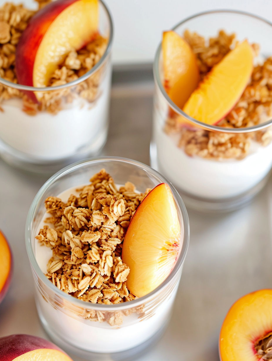 A glass of granola and yogurt with a peach slice on top.