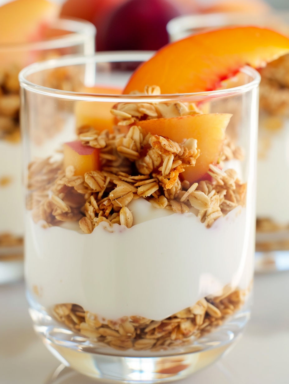 A glass of granola and yogurt.
