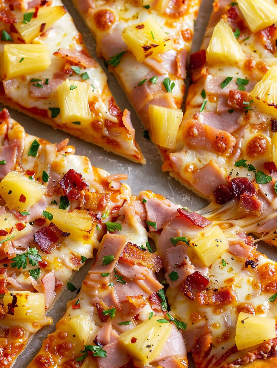 A slice of pizza with ham and pineapple.