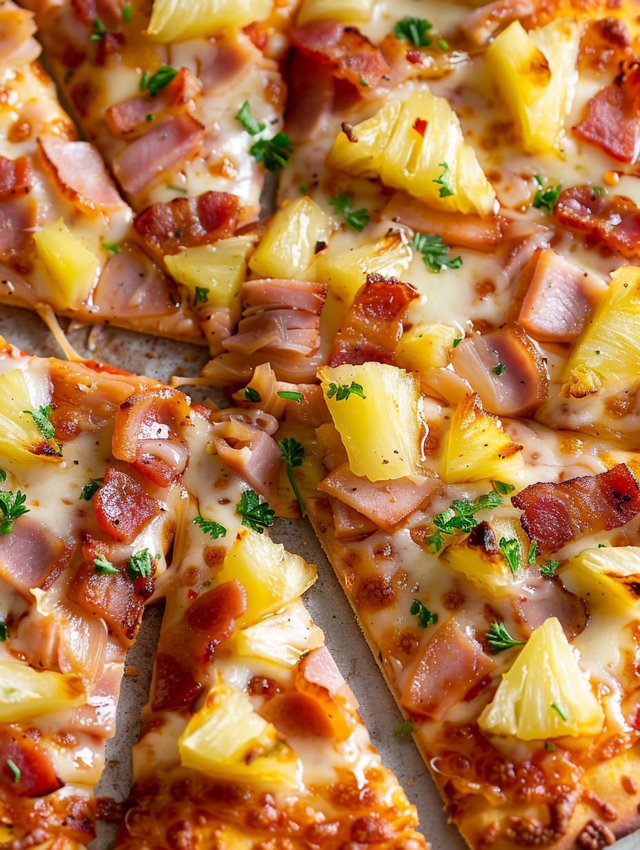A slice of pizza with ham and pineapple.