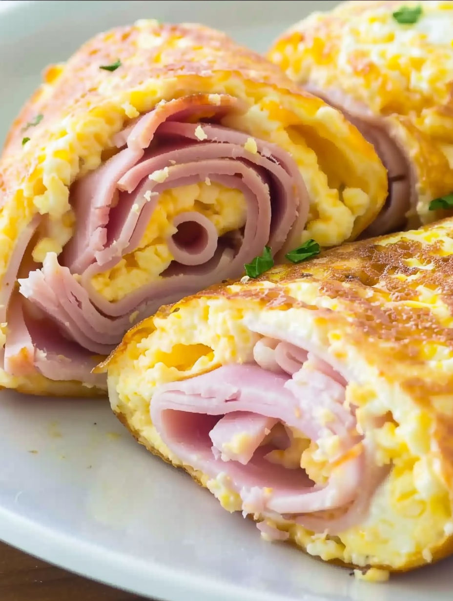 A breakfast roll up with ham and eggs.