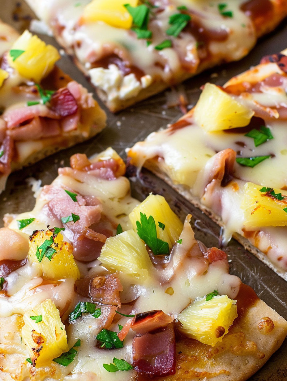 A close up of a pizza with ham and pineapple.