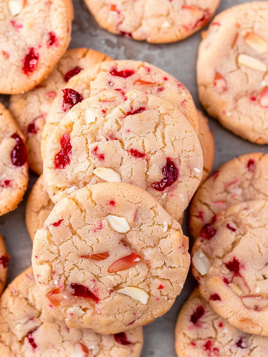A close up of a cookie with cherries and almonds.
