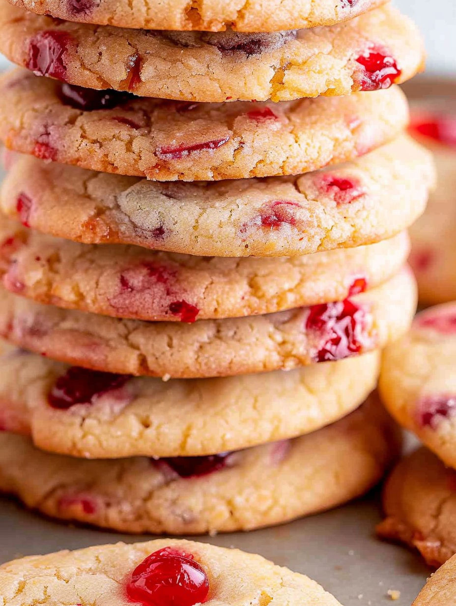 A stack of cookies with red jam in the middle.
