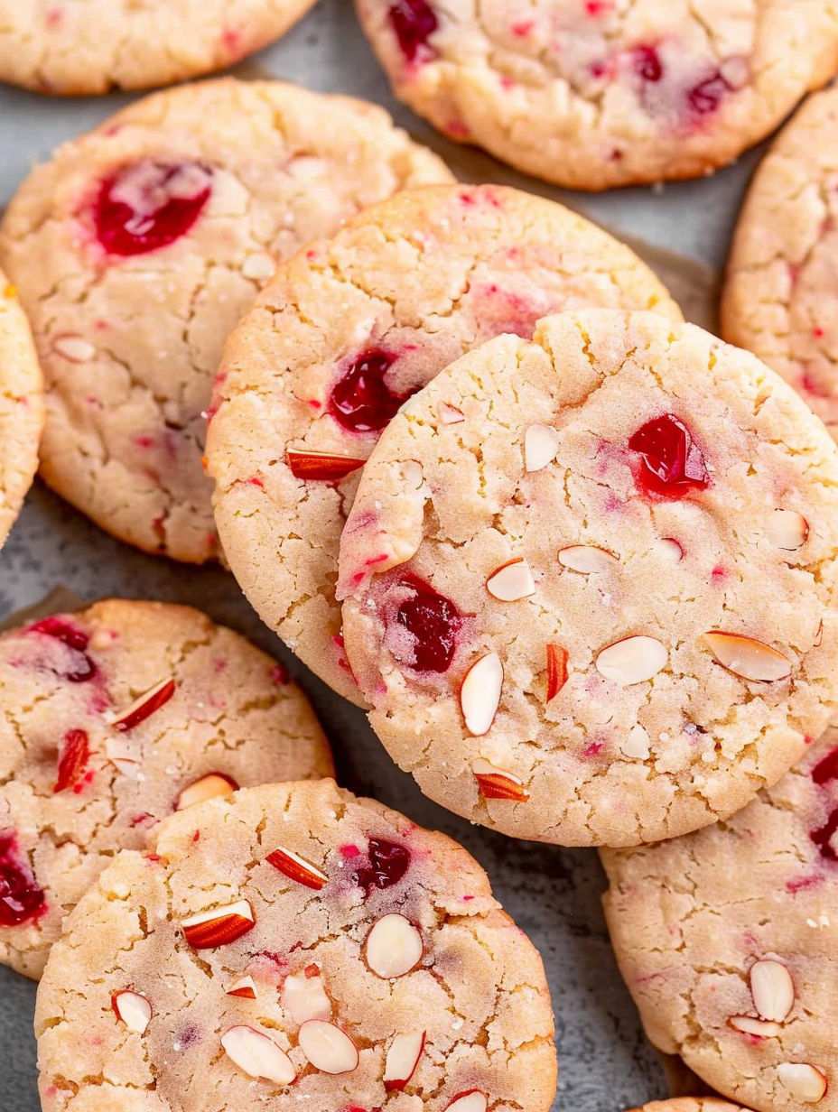 A close up of a cookie with red jam and almonds.