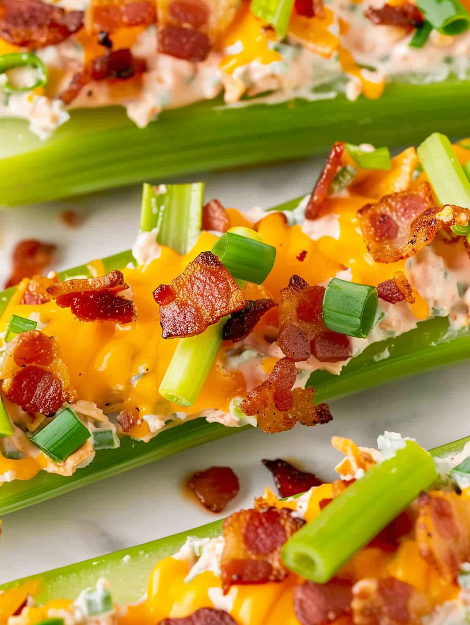 Bacon wrapped celery sticks with cheese and bacon.