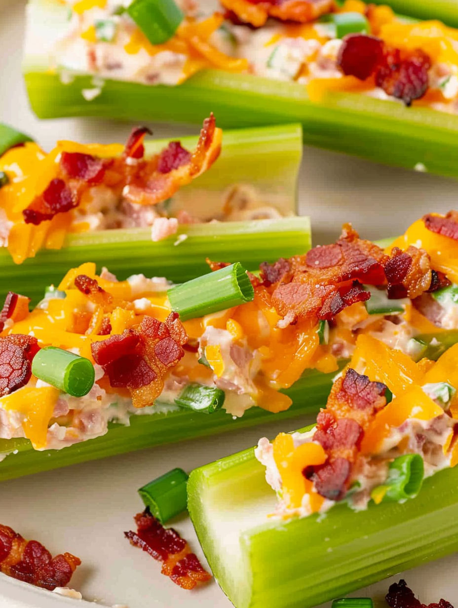 Bacon wrapped celery sticks with cheese.