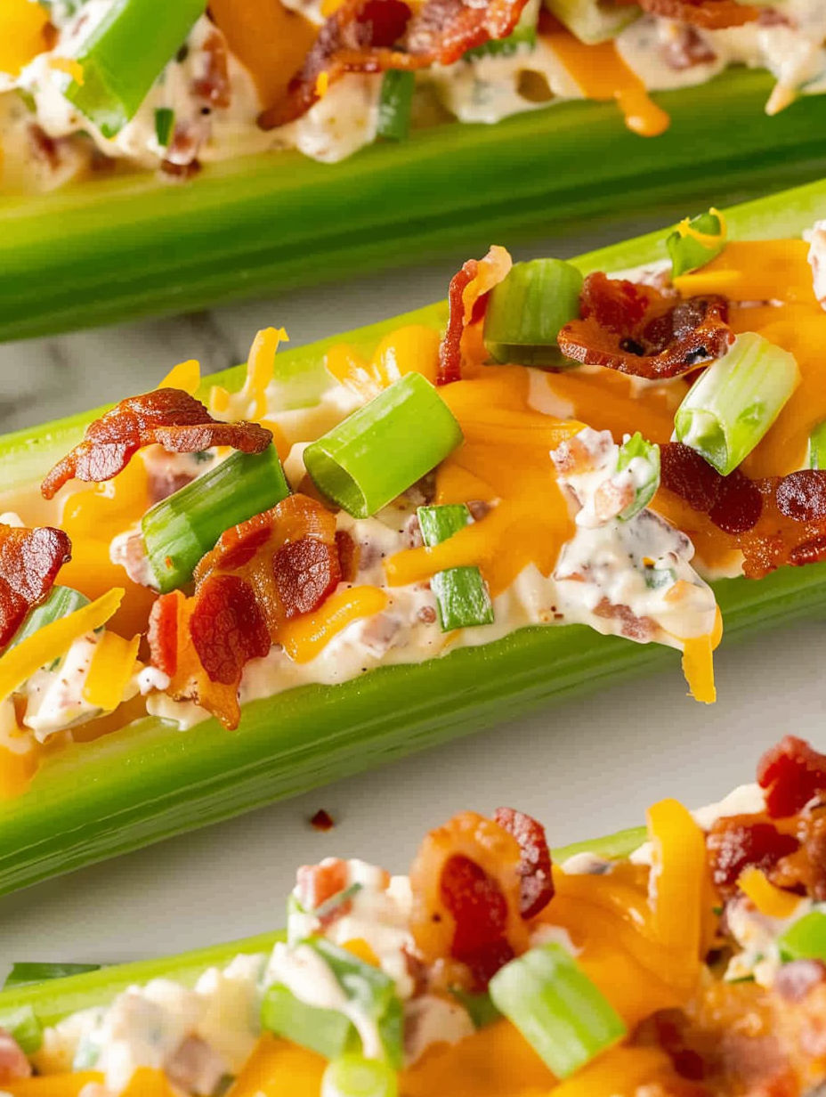 A close up of a cheddar bacon celery stick.