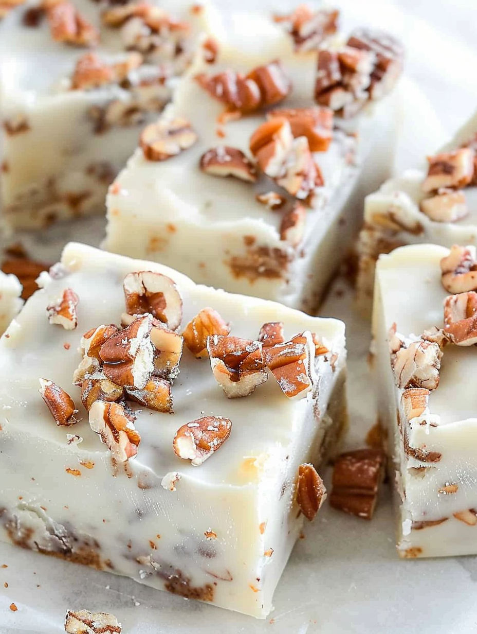 A close up of a piece of candied pecan fudge.