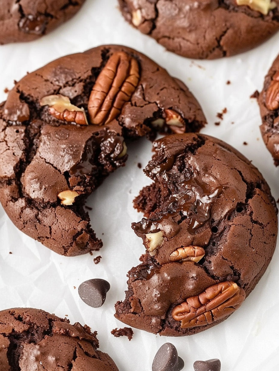 A chocolate cake mix cookie with a bite taken out of it.