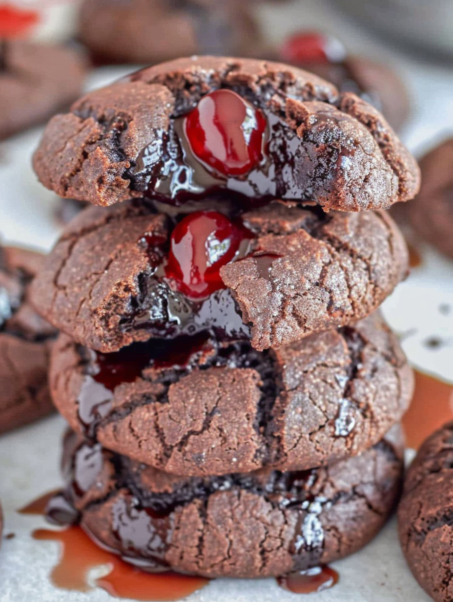 A stack of chocolate cookies with cherry sauce drizzled on top.