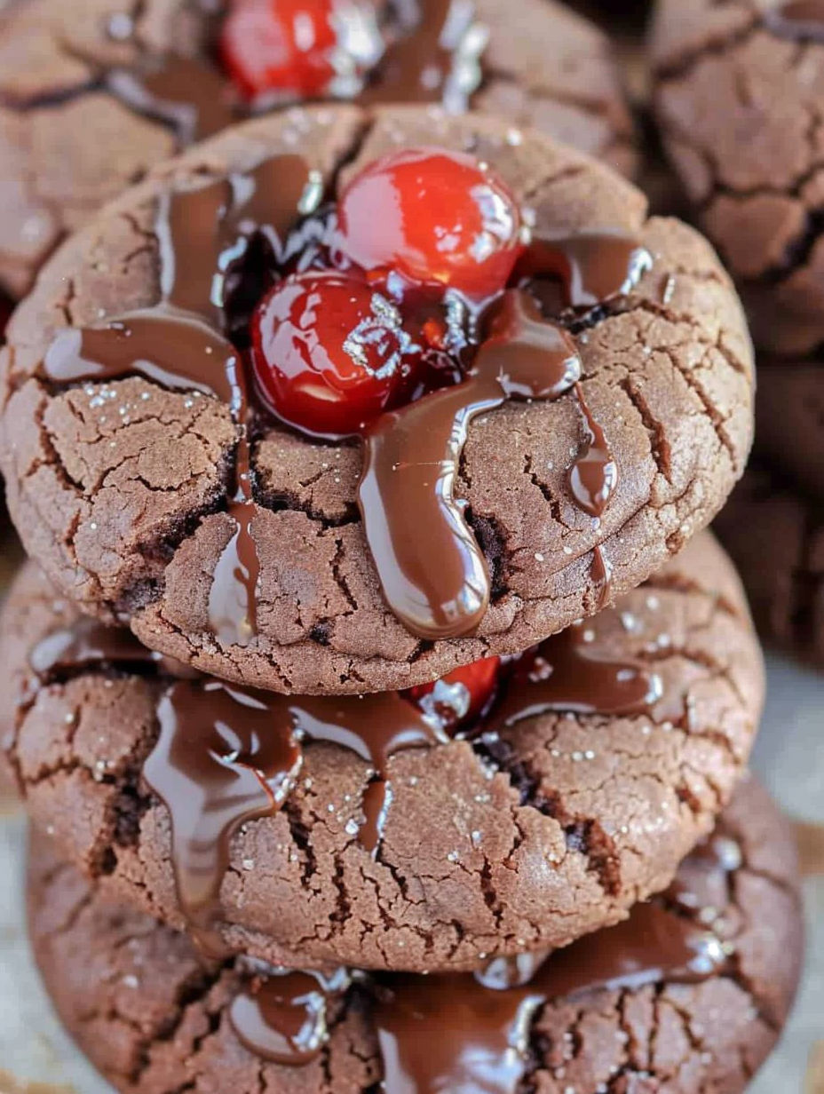 A close up of a chocolate cookie with a cherry on top.