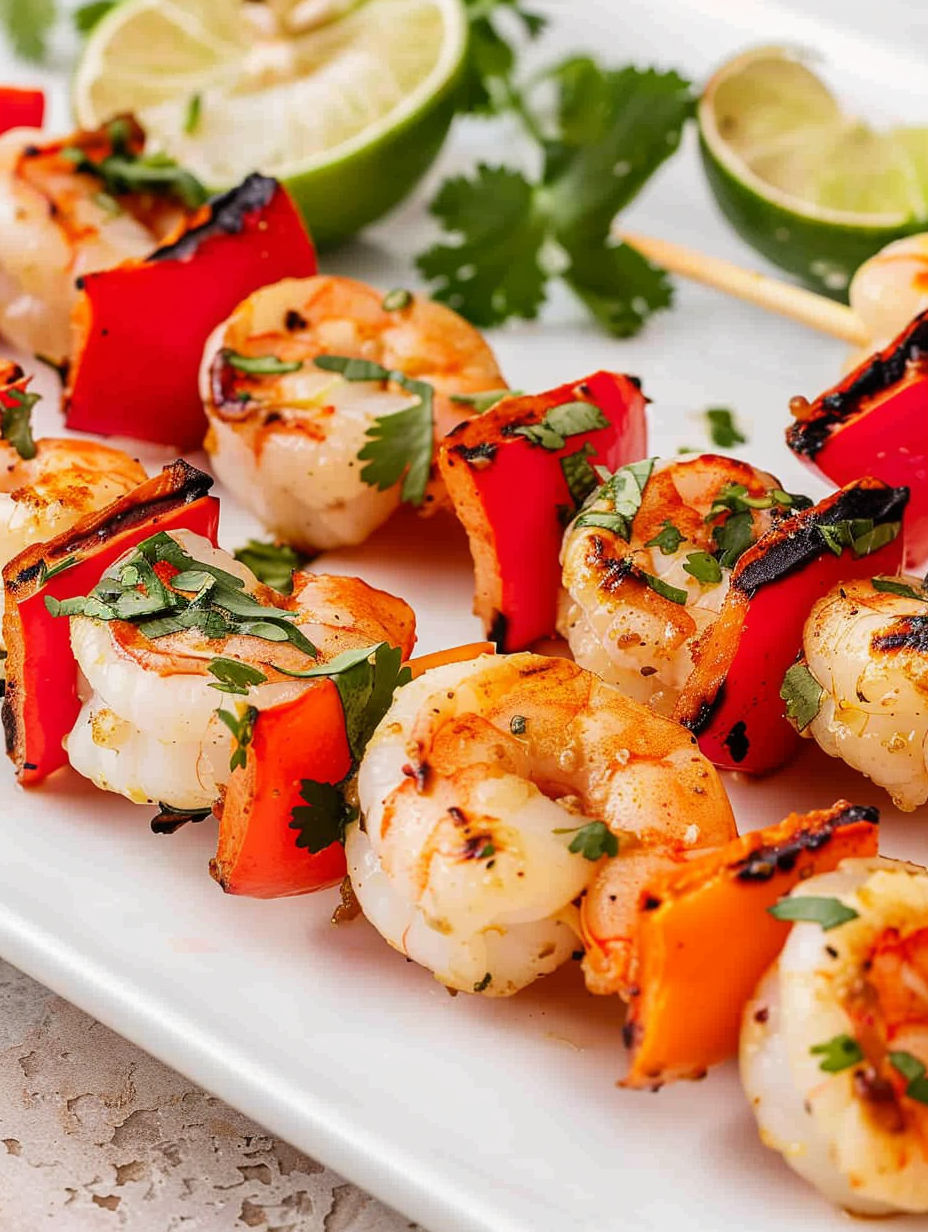 A plate of shrimp skewers with lime wedges.