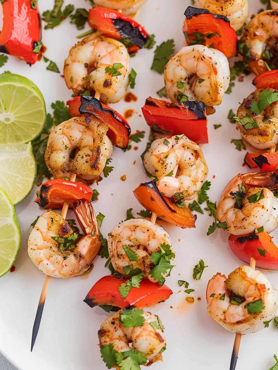 A plate of shrimp skewers with lime wedges.