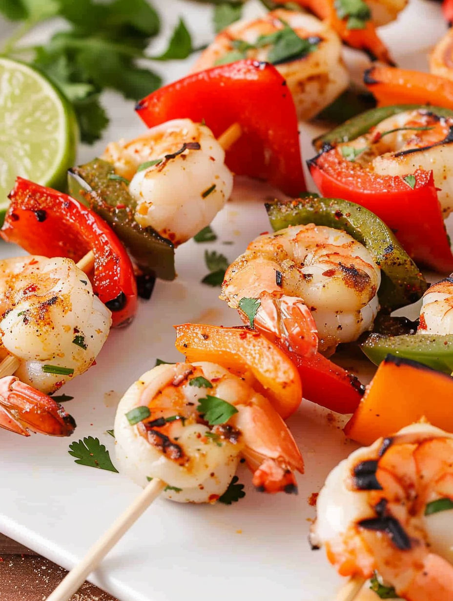 A plate of shrimp skewers with vegetables.