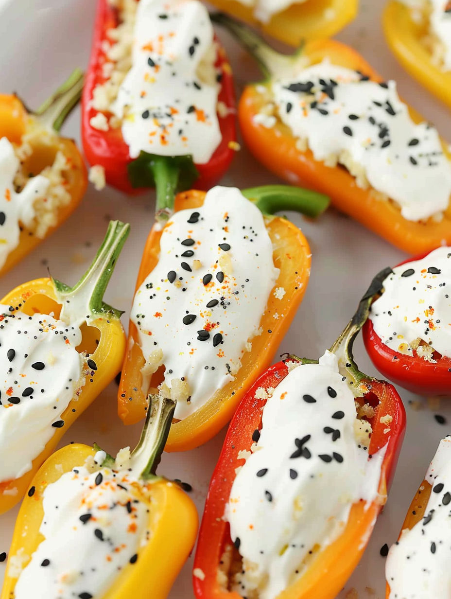 A plate of stuffed peppers with cream cheese and black seeds.