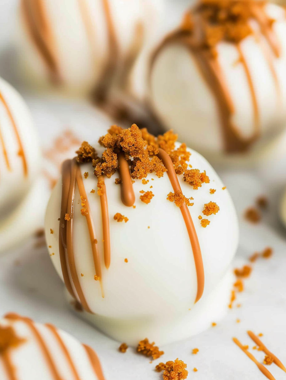 A white chocolate truffle with orange sprinkles.