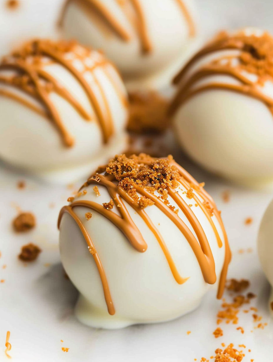 Biscoff truffles with caramel drizzle.