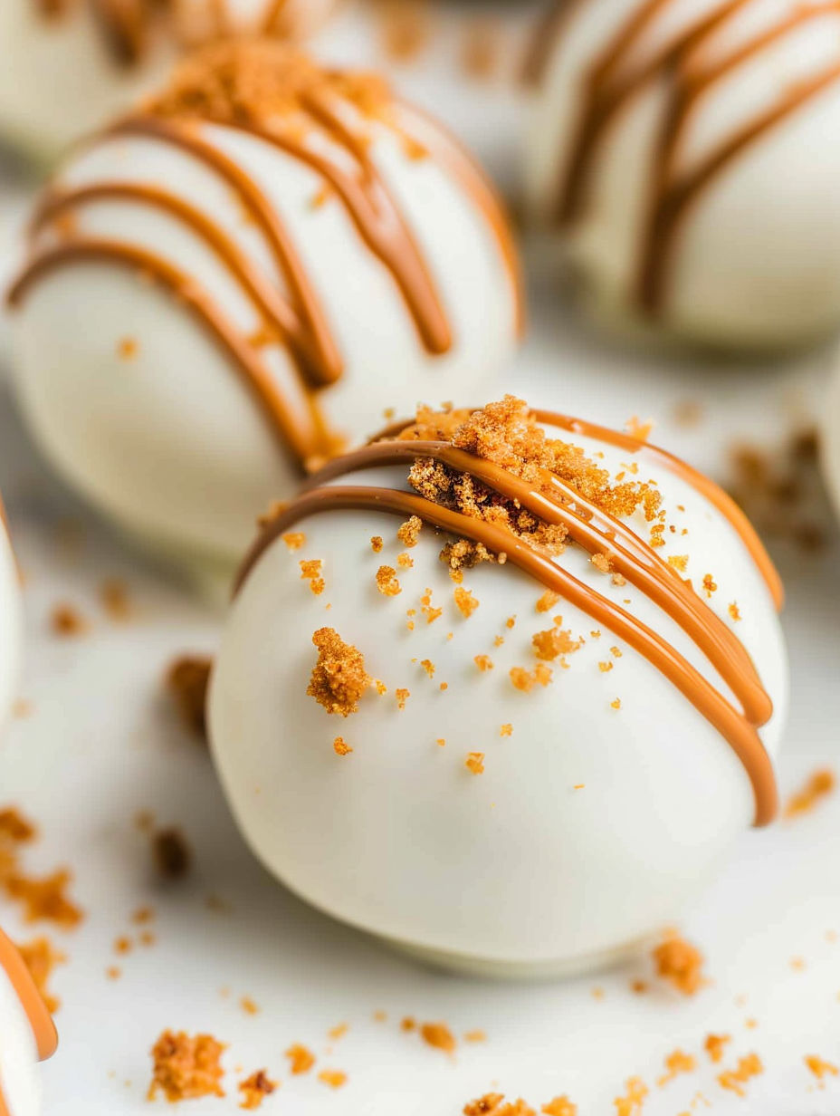 Biscoff truffles with caramel drizzle.