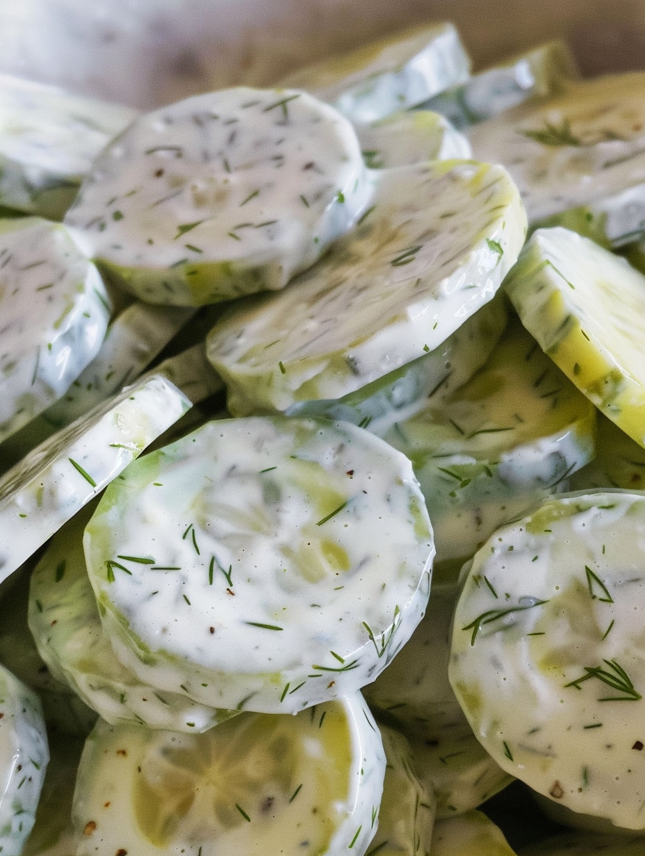 A pile of cucumber slices with a creamy dressing.