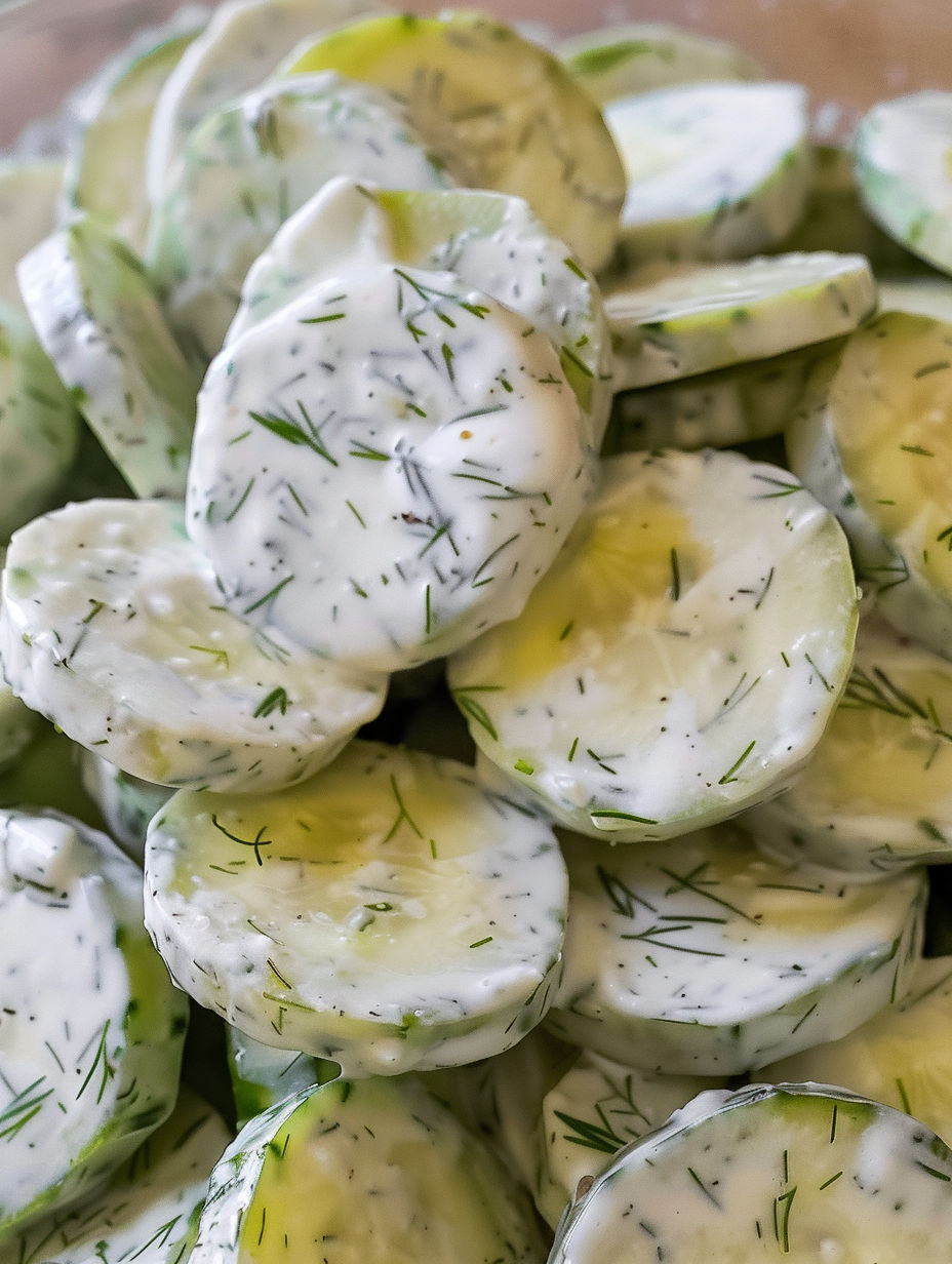 A pile of cucumber slices with a white sauce.