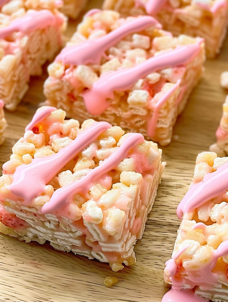 A close up of a pink and white rice krispy treat.