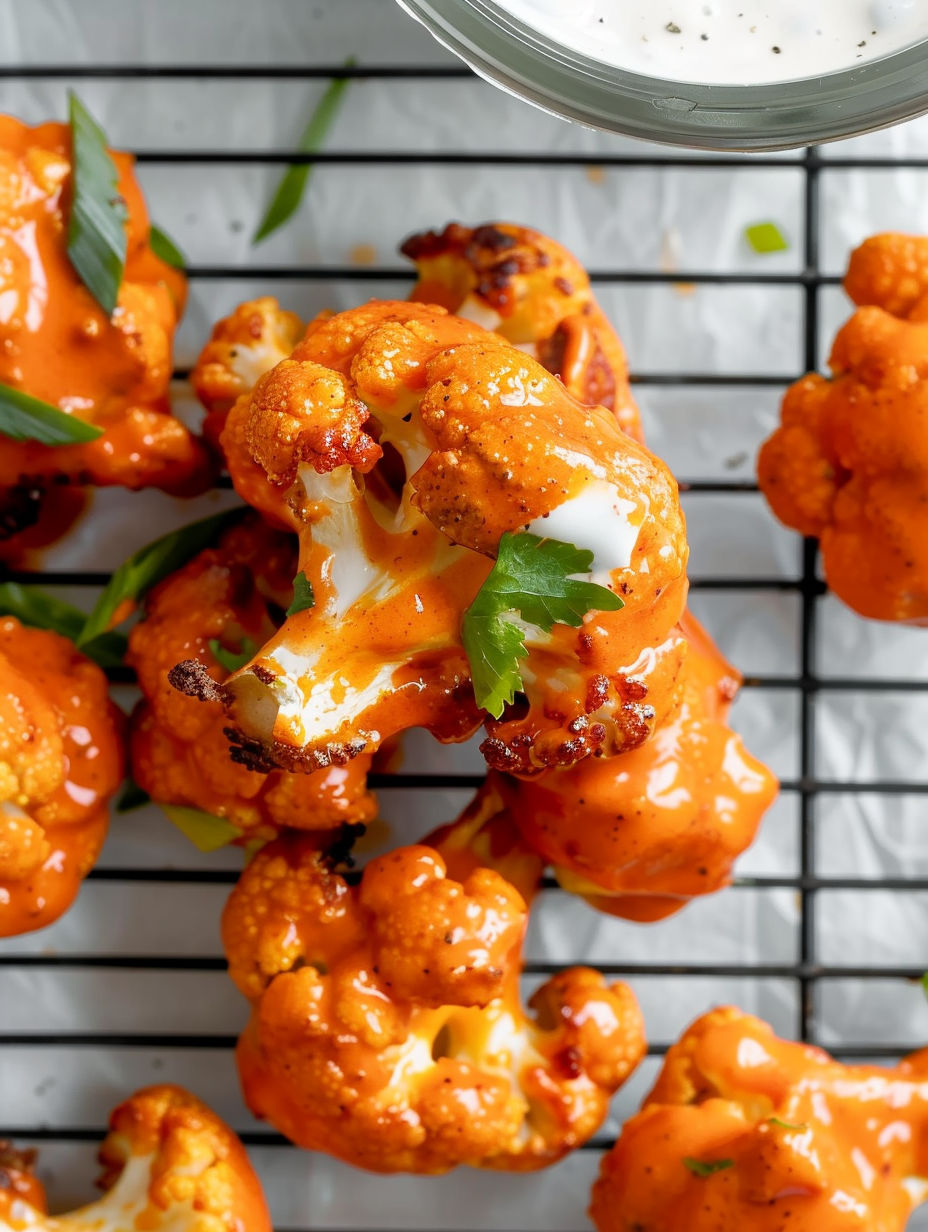 Buffalo Cauliflower Wings on a wire rack.