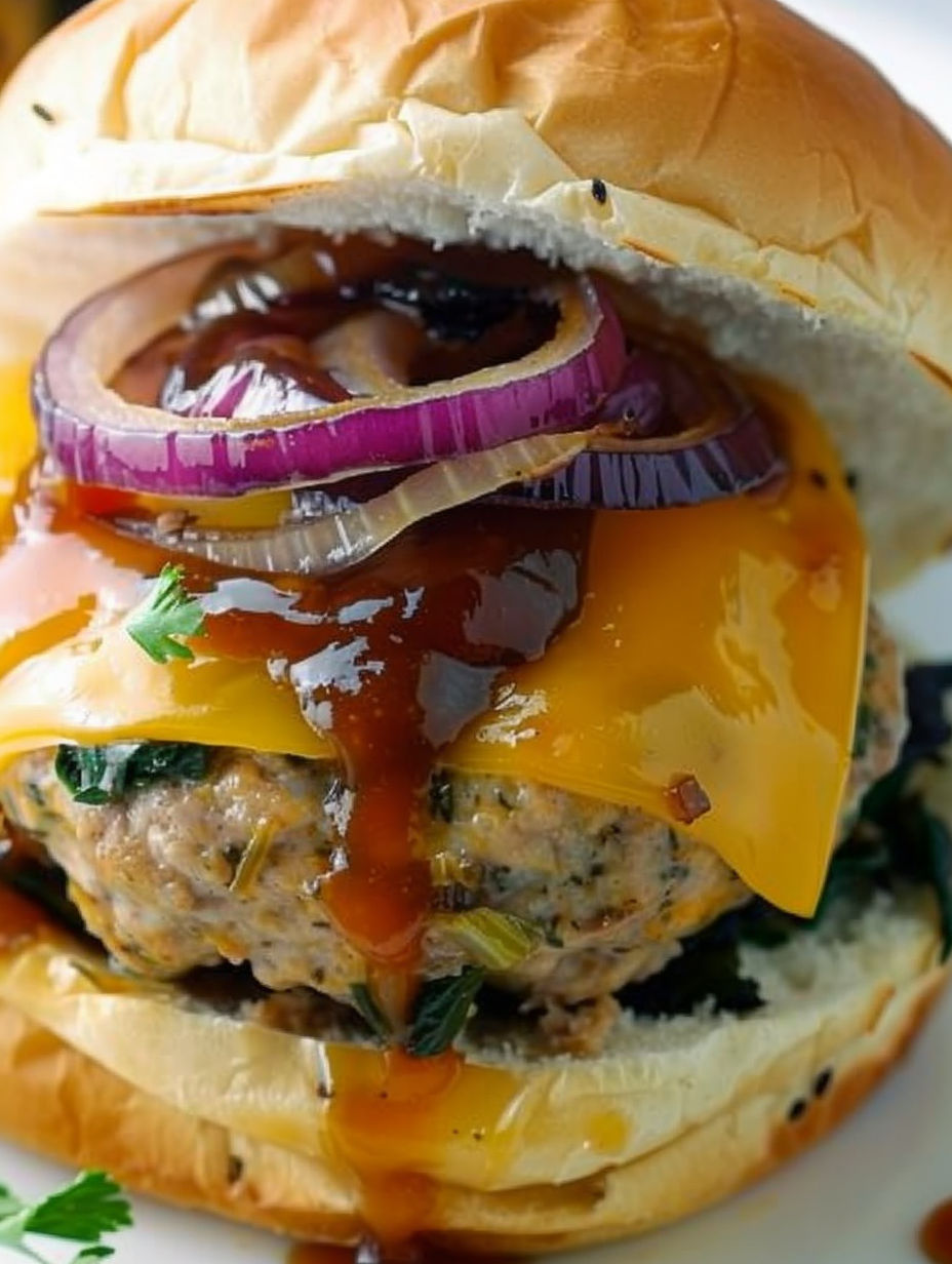A close up of a BBQ turkey burger with onions and cheese.