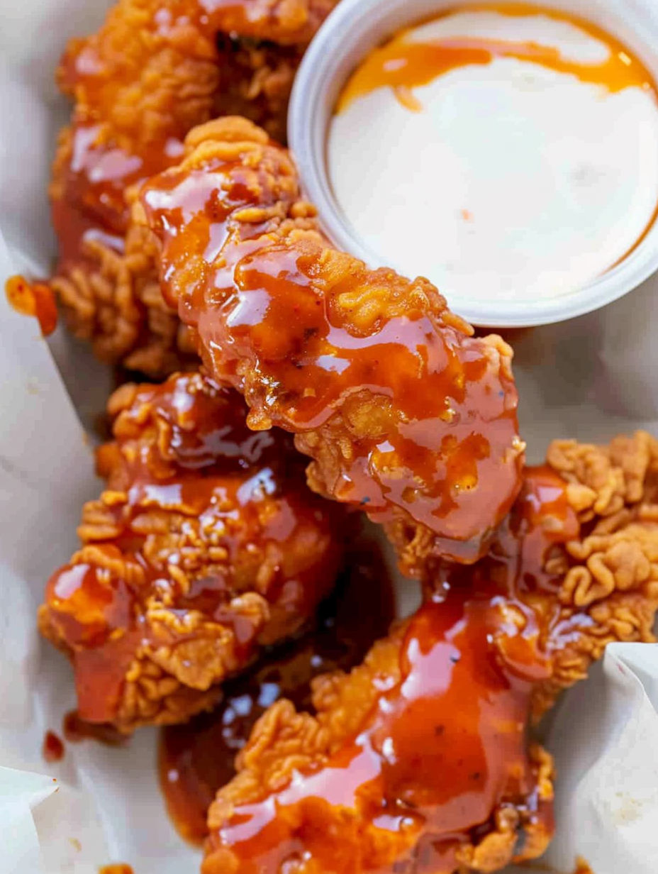Buffalo chicken tenders with sauce.