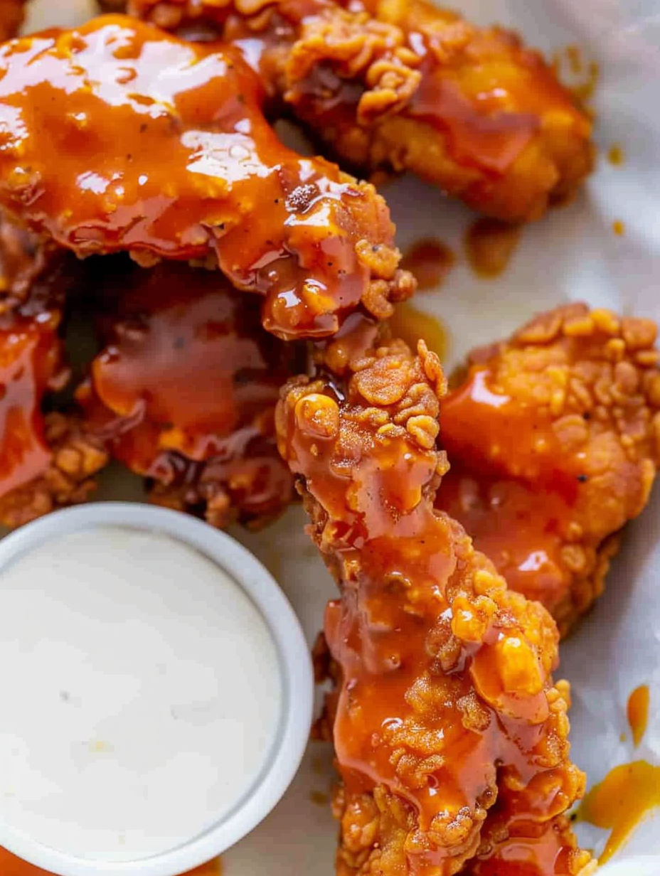 A close up of a piece of chicken with sauce on it.