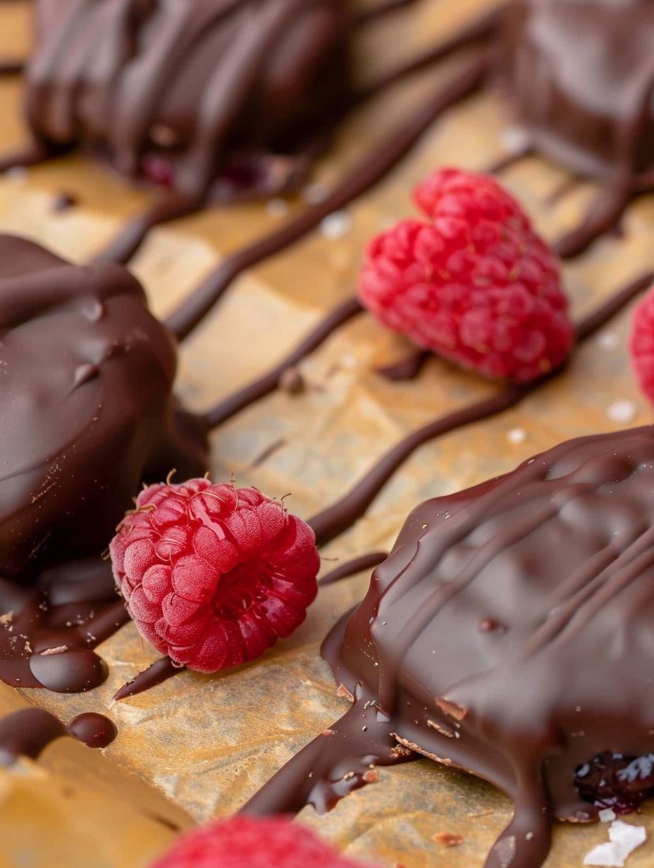 Chocolate and raspberry bites on a table.