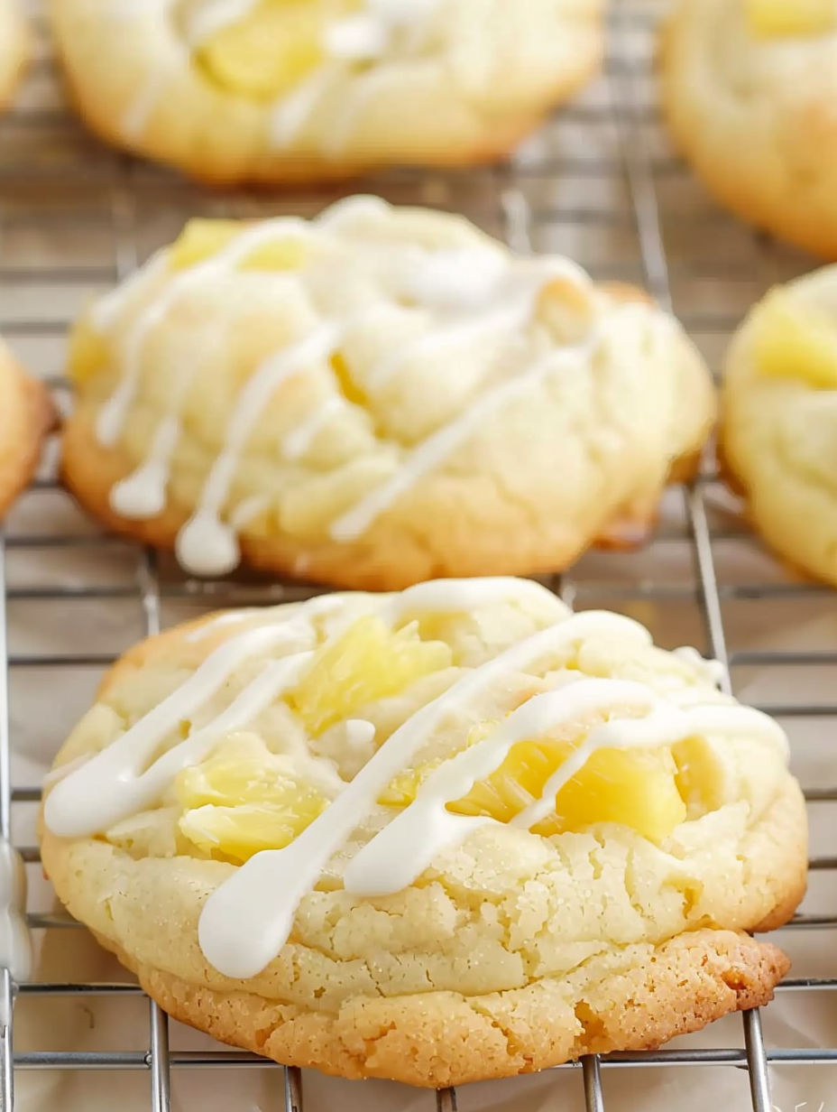 A tray of cookies with white icing and pineapple.