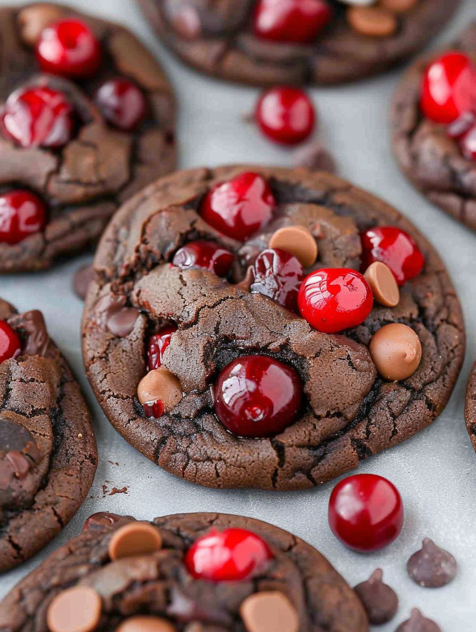 A close up of a chocolate cookie with red cherries on top.