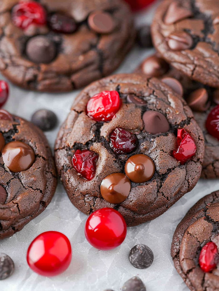 A close up of a black forest cookie with chocolate and cherries.