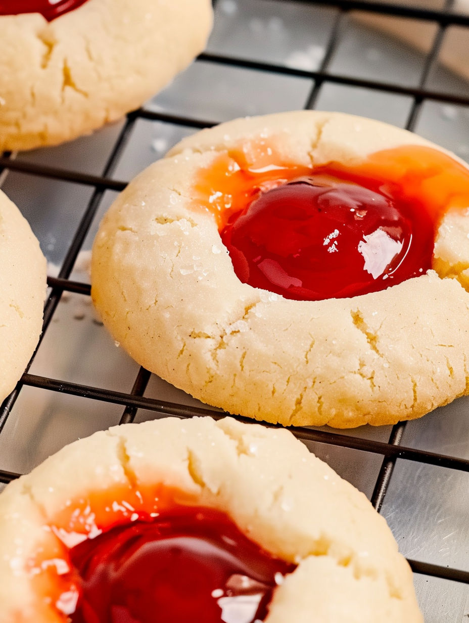 A cookie with a cherry in the center.